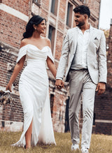 Off-The-Shoulder Sheath Fitted Slit Wedding Dresses Satin-Ballbella