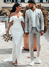 Off-The-Shoulder Sheath Fitted Slit Wedding Dresses Satin-Ballbella