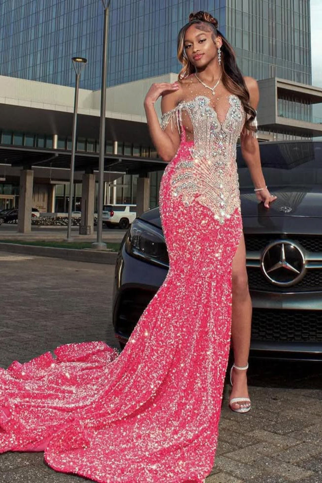 Off the shoulder Silver Beaded Pink Mermaid Court Train Prom Dresses Off the shoulder Silver Beaded Pink Mermaid Court Train Prom Dresses