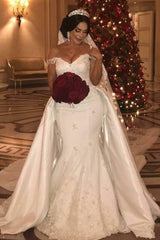 Off the Shoulder Sweetheart Tulle lace Appliques Long Wedding Dress with Detachable Train-Ballbella