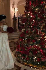 Off the Shoulder Sweetheart Tulle lace Appliques Long Wedding Dress with Detachable Train-Ballbella