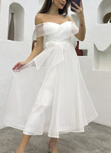 Off-The-Shoulder Tea-Length Tulle Wedding Dresses Bows-Ballbella