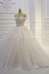 Off the shoulder Tulle Lace Appliques Sequined Wedding Dress-Ballbella