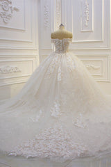 Off the shoulder Tulle Lace Appliques Sequined Wedding Dress-Ballbella