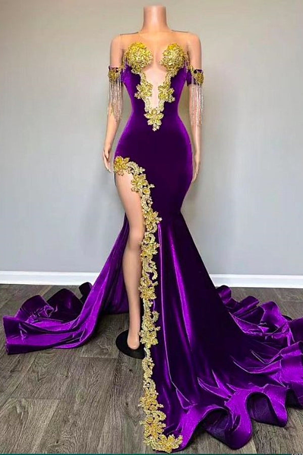 Off the shoulder V-neck Gold Appliques Mermaid Velvert Prom Dresses Off the shoulder V-neck Gold Appliques Mermaid Velvert Prom Dresses
