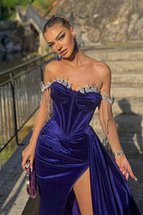 Off-the-Shoulder Velvet Mermaid Evening Dress Slit Long With beads-Ballbella