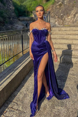 Off-the-Shoulder Velvet Mermaid Evening Dress Slit Long With beads-Ballbella