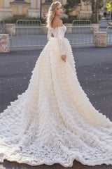 Off the Shoulder Wedding Gown Long Sleeves Floral Mermaid with Detachable Train-Ballbella