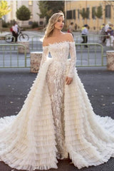 Off the Shoulder Wedding Gown Long Sleeves Floral Mermaid with Detachable Train-Ballbella