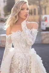 Off the Shoulder Wedding Gown Long Sleeves Floral Mermaid with Detachable Train-Ballbella