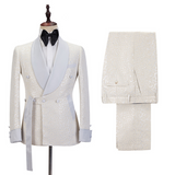 Off White Shawl Lapel Slim Fit Jacquard Bespoke Wedding Suits-Ballbella