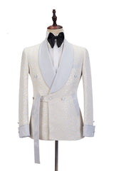 Off White Shawl Lapel Slim Fit Jacquard Bespoke Wedding Suits-Ballbella