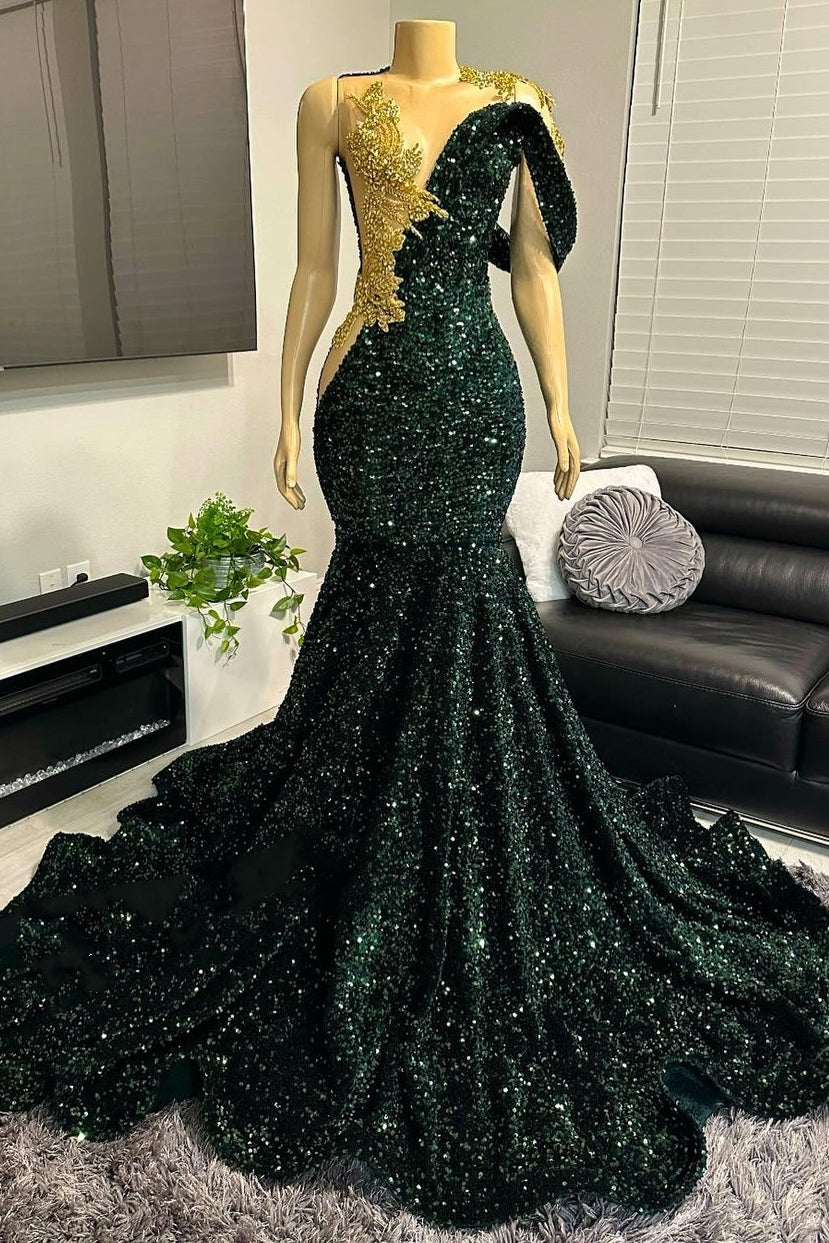 One Shoudler Dark Green Sequin Floor Length Prom Dresses