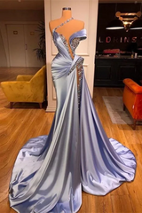 One shoudler Light Blue Sparkle A-line High Split Prom Dresses-Ballbella