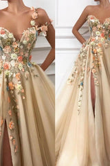 One Shoulder Ball Gown Prom Dress Applique Light Gold V-Neck Long Tulle-Ballbella