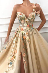 One Shoulder Ball Gown Prom Dress Applique Light Gold V-Neck Long Tulle-Ballbella