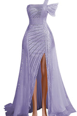 One-Shoulder Beading Sweep Train Backless Evening Dress-Ballbella