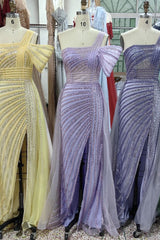 One-Shoulder Beading Sweep Train Backless Evening Dress-Ballbella