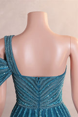 One-Shoulder Beading Sweep Train Backless Evening Dress-Ballbella