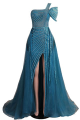 One-Shoulder Beading Sweep Train Backless Evening Dress-Ballbella