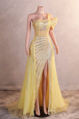 One-Shoulder Beading Sweep Train Backless Evening Dress-Ballbella