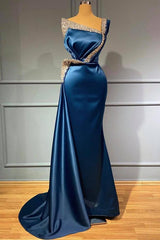 One Shoulder Blue Beading Sequns Long Mermaid Prom Dress-Ballbella