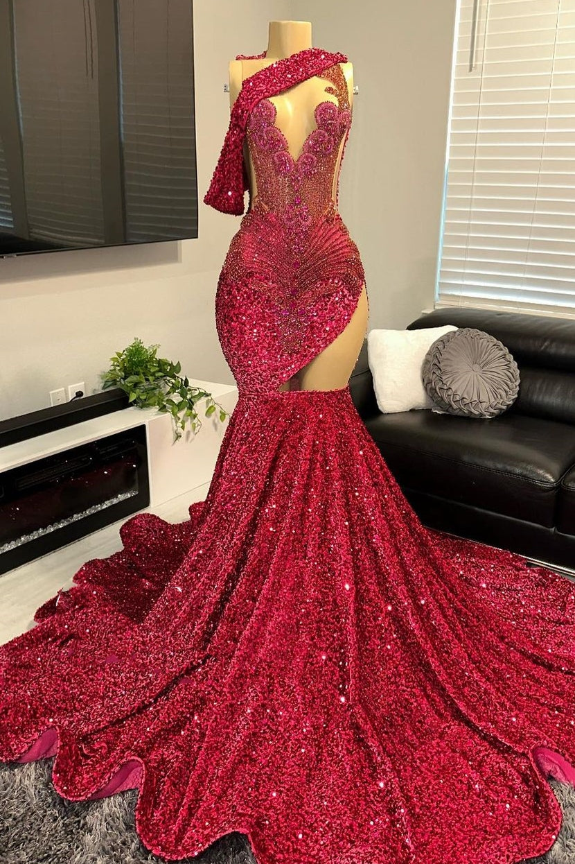 fitted lace wedding dress Deep V-Neck Dark Red Long Velvet-Sequin Prom Dress Deep Red / 0 main image 0
