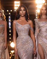 One shoulder Cap sleeves Column Floor length Sparkle Prom Dresses-Ballbella