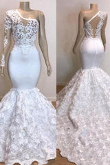 One Shoulder Lace Appliques Meramid Prom Dresses with sleeve-Ballbella