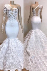 One Shoulder Lace Appliques Meramid Prom Dresses with sleeve-Ballbella