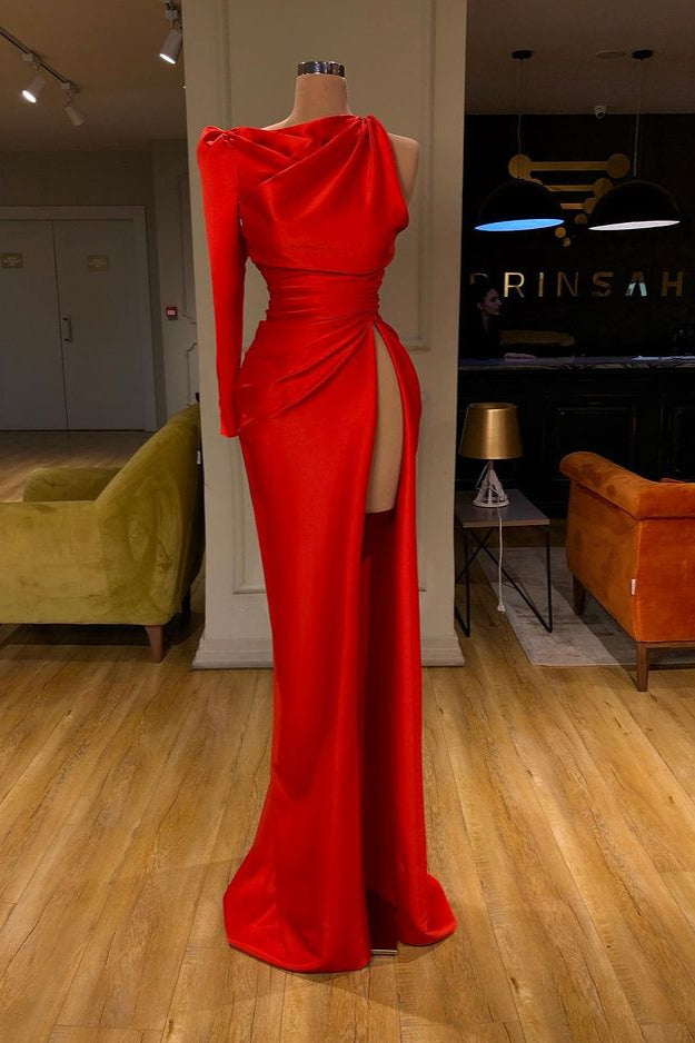 One-shoulder Long sleeves High-split Soft pleated Red Prom Dress One-shoulder Long sleeves High-split Soft pleated Red Prom Dress