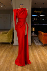 One-shoulder Long sleeves High-split Soft pleated Red Prom Dress-Ballbella