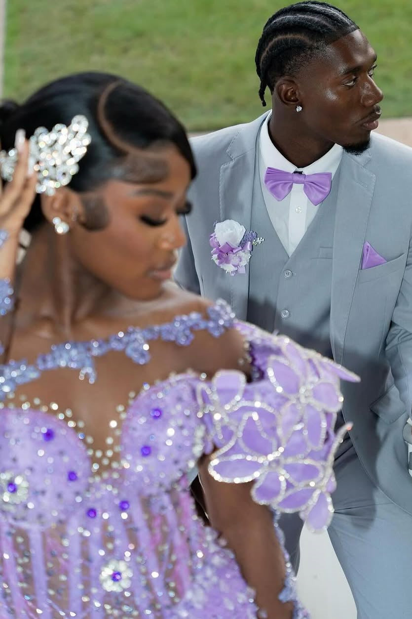 One Shoulder Long Sleeves Lilac High Split Sequin Flowers Prom Dresses One Shoulder Long Sleeves Lilac High Split Sequin Flowers Prom Dresses