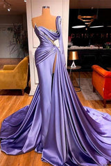 One Shoulder Long Sleeves Prom Dress Slit Mermaid Party Gowns Overskirt-Ballbella