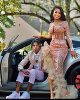 One shoulder Long sleeves Ruffles High Split Pink Prom Dresses-Ballbella