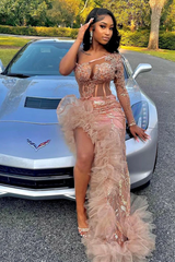 One shoulder Long sleeves Ruffles High Split Pink Prom Dresses-Ballbella