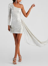 One-Shoulder Long Sleeves Short/Mini Sequined Homecoming Dresses-Ballbella
