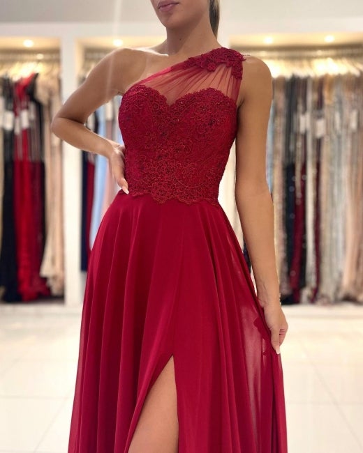 red shoulderless dress One Shoulder Red Prom Dress Floor Length Sleeveless Maxi Dress with Front Slit