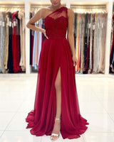 One Shoulder Red Prom Dress Floor Length Sleeveless Maxi Dress with Front Slit-Ballbella
