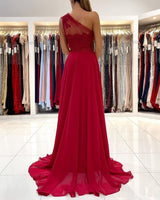 One Shoulder Red Prom Dress Floor Length Sleeveless Maxi Dress with Front Slit-Ballbella