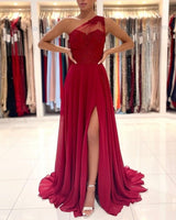 One Shoulder Red Prom Dress Floor Length Sleeveless Maxi Dress with Front Slit-Ballbella