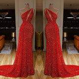 One Shoulder Red Prom Dress Sequins Long On Sale-Ballbella
