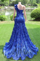 One shoulder Ruffles Sparkle Royal Blue Mermaid Prom Dresses-Ballbella