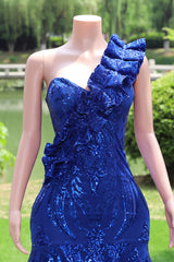 One shoulder Ruffles Sparkle Royal Blue Mermaid Prom Dresses-Ballbella