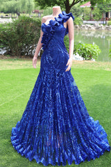 One shoulder Ruffles Sparkle Royal Blue Mermaid Prom Dresses-Ballbella