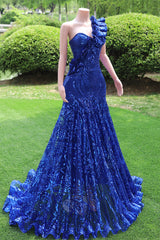 One shoulder Ruffles Sparkle Royal Blue Mermaid Prom Dresses-Ballbella