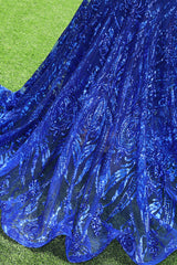 One shoulder Ruffles Sparkle Royal Blue Mermaid Prom Dresses-Ballbella