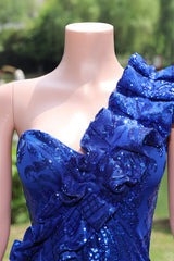 One shoulder Ruffles Sparkle Royal Blue Mermaid Prom Dresses-Ballbella