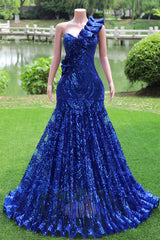 One shoulder Ruffles Sparkle Royal Blue Mermaid Prom Dresses-Ballbella