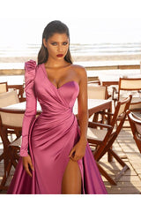 One Shoulder Satin Front Split Evening Party Dresses with Sweep Train-Ballbella